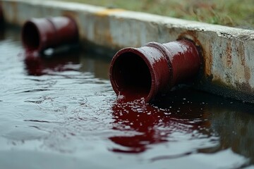 Red Liquid Flowing from Pipe into Water