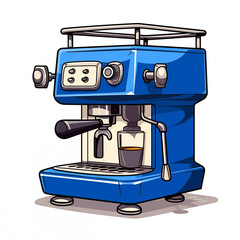 Bright blue coffee machine preparing a fresh espresso in a contemporary kitchen setup