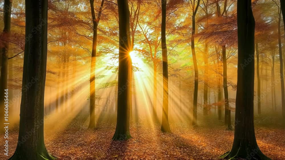 Poster sunlight streams through the trees in a misty autumn forest