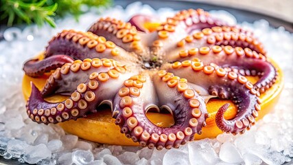 A fresh, raw octopus with purple tentacles on ice, perfect for a gourmet seafood meal or Mediterranean cuisine