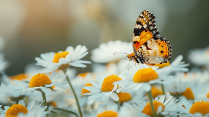 Obraz premium Butterfly perched on white daisies with soft lighting 