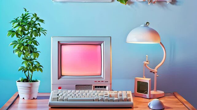 retro computer with keyboard and mouse, table lamp, flowerpot on table, 90s, vintage, nostalgia, cozy teenager room, blue wall, colorful, bright, childhood, empty display, mockup, copy space