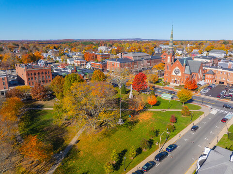 First Congregational Church and Town Common aerial view in fall with foliage in historic town center of Natick, Massachusetts MA, USA.
