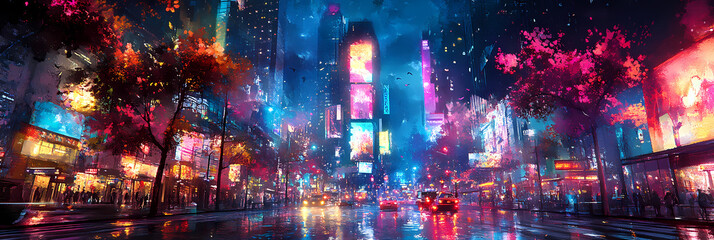 Obraz premium Vibrant Synthwave Cityscape: Neon Anime and Manga Art