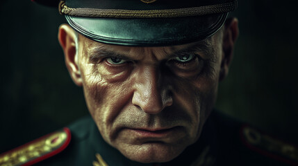 Mężczyzna w wojskowym mundurze, z wyraźnymi odznaczeniami, patrzy prosto w kamerę z pewnością siebie i siłą.