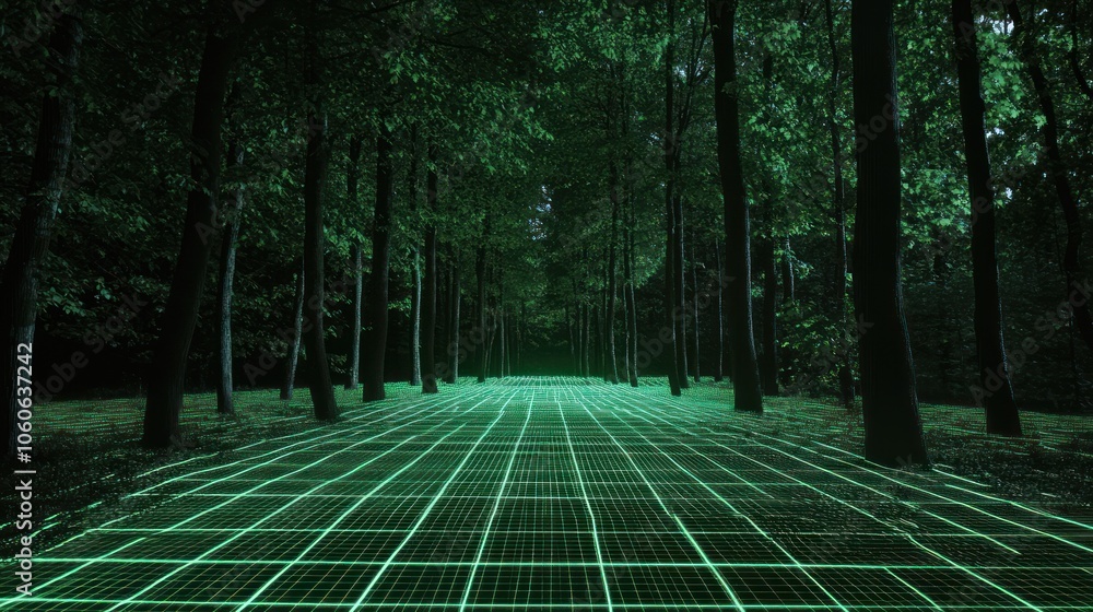 Poster a digital forest path with a grid overlay, blending nature and technology.