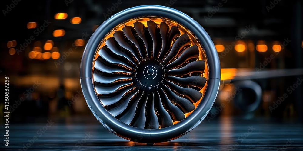 Poster close-up of an airplane engine with a blurry background