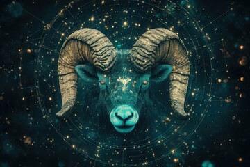 Celestial artwork featuring an enchanting depiction of the Aries zodiac sign in a constellation-themed series 