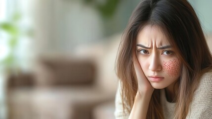 Obraz premium asian young woman experiencing an allergy reaction scratching her arm with visible red spots set against a healthcare backdrop that highlights the importance of skin health and treatment options