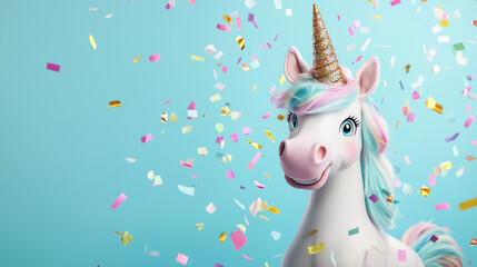 A pastel-colored unicorn wearing a festive New Year hat, standing on the left side of a smooth pastel blue background with floating confetti around it.