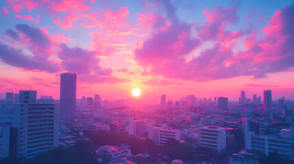 Obraz premium Vibrant Synthwave Cityscape: Neon Anime and Manga Art