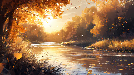 Golden hour glow on a sunny autumn riverbank. Photorealism. Illustration
