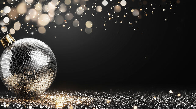 Shiny silver disco ball on left, sparkling black background, right side open for text.
