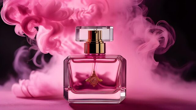 luxury rich women's perfume in a glass bottle stands in smoke on a pink background, eau de toilette, fragrance, aroma 
