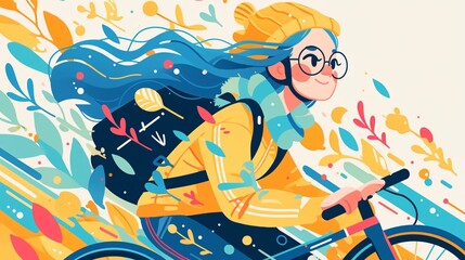 Naklejka premium a woman cycling, colorful cartoon style