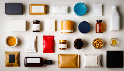 3D rendering of Top View of Various Blank Food and Beverage Packaging