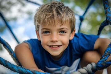 Portrait of a Smiling Boy on a Playground Rope Structure