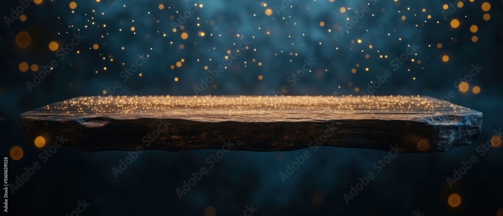 Poster a floating wooden platform with glowing particles in a mystical atmosphere.