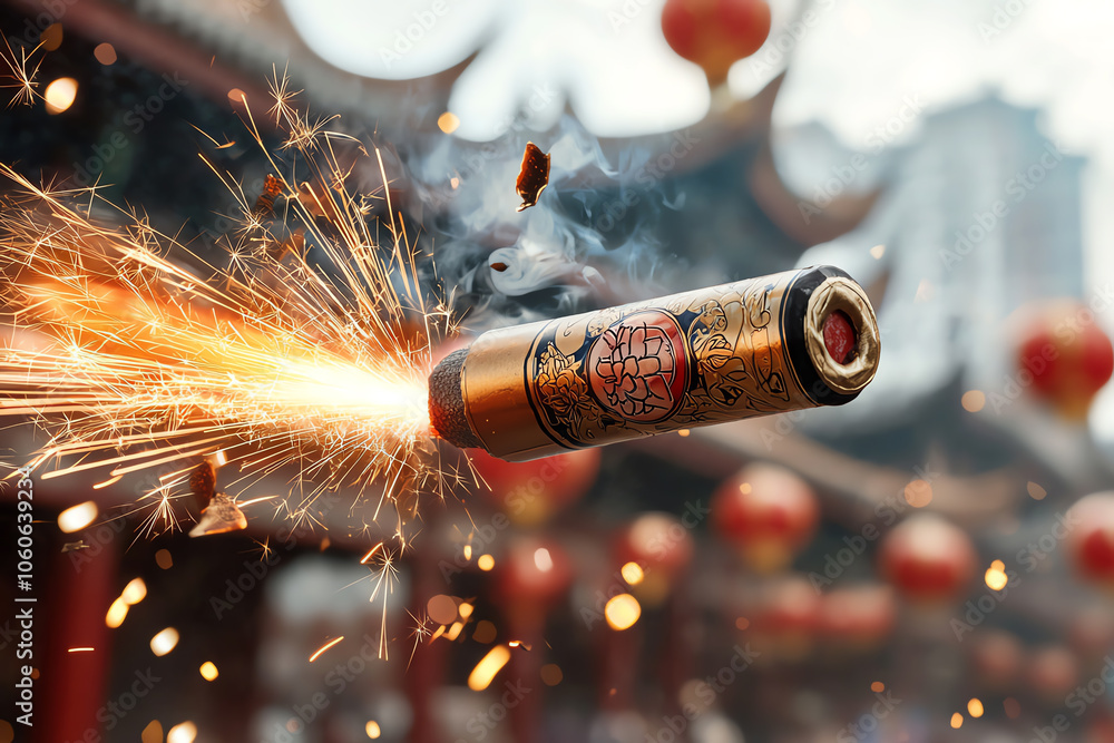 Poster captivating closeup of a firecracker exploding with vibrant sparks and cultural significance