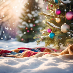 AI generated image of Christmas trees in snow with ornaments out side