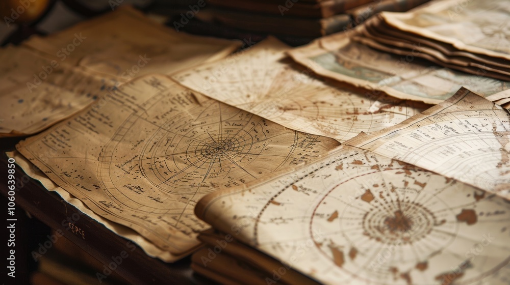 Poster a display of antique navigation charts carefully drawn and annotated by hand.