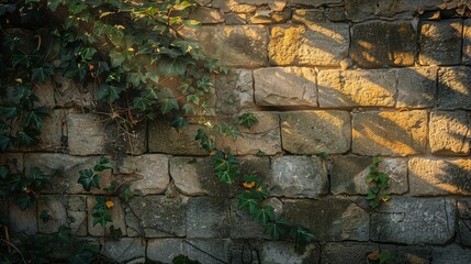 Sun rays casting light on an old stone wall covered in ivy