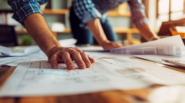 An architect collaborates with a team, reviewing plans or blueprints and discussing architecture and development. Hands are seen working on paperwork during a group meeting  - Powered by Adobe
