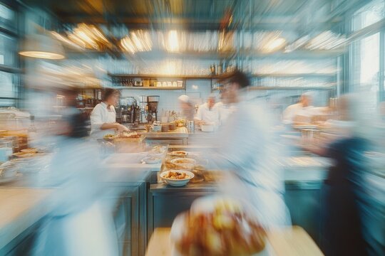 Lively caf&eacute; atmosphere: bustling eatery with customers savoring dishes, servers in motion, and cooks at work, featuring dynamic blur effects