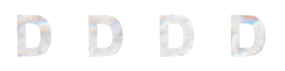 Set of 4 3d letter D with glass distortion effect isolated on a transparent background. 3d transparent elements for graphic design.