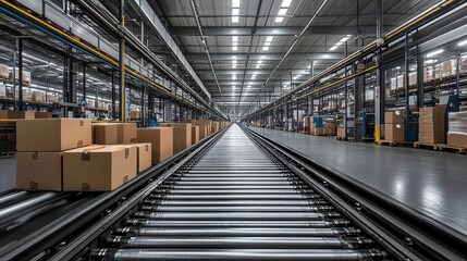 Fototapeta premium automated logistics concept featuring a conveyor belt in a distribution warehouse lined with neatly arranged cardboard boxes symbolizing efficiency and modern ecommerce solutions