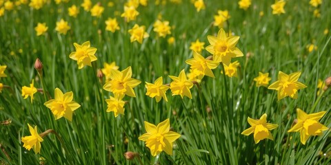 Fototapeta premium Vibrant yellow daffodil flowers blooming in a lush green field under the bright sun, nature, flowers