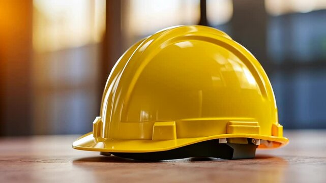 A yellow hard hat sits on a wooden surface in a construction site