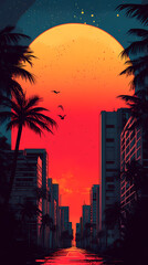 Retro-Futuristic Synthwave Cityscape: Abstract Anime Illustration