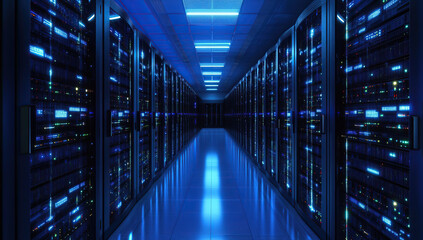 Fototapeta premium Futuristic Data Center Hallway with Brightly Lit Server Cabinets