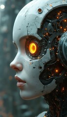 Fototapeta premium Futuristic Cybernetic Face with Glowing Eye and Intricate Details.
