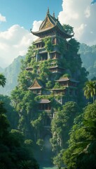 Ancient Multi-Tiered Temple Surrounded by Lush Tropical Foliage