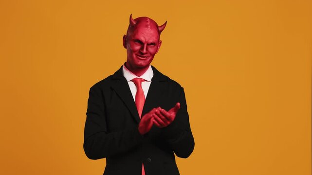 Businessman with devil horns clapping his hands