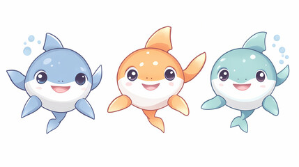 Obraz premium Fish set. cute cartoon kawaii animal character. sea ocean wild animal. baby card. sticker print template. flat design. white background. shark head face. Silk Screen Print. Illustration