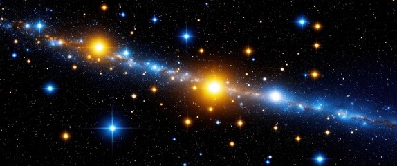 Deep space, twinkling stars, cosmic dust, blue nebula, golden celestial bodies, astronomical phenomenon, galactic cluster, starry night sky, vibrant cosmic colors, interstellar clouds, celestial light