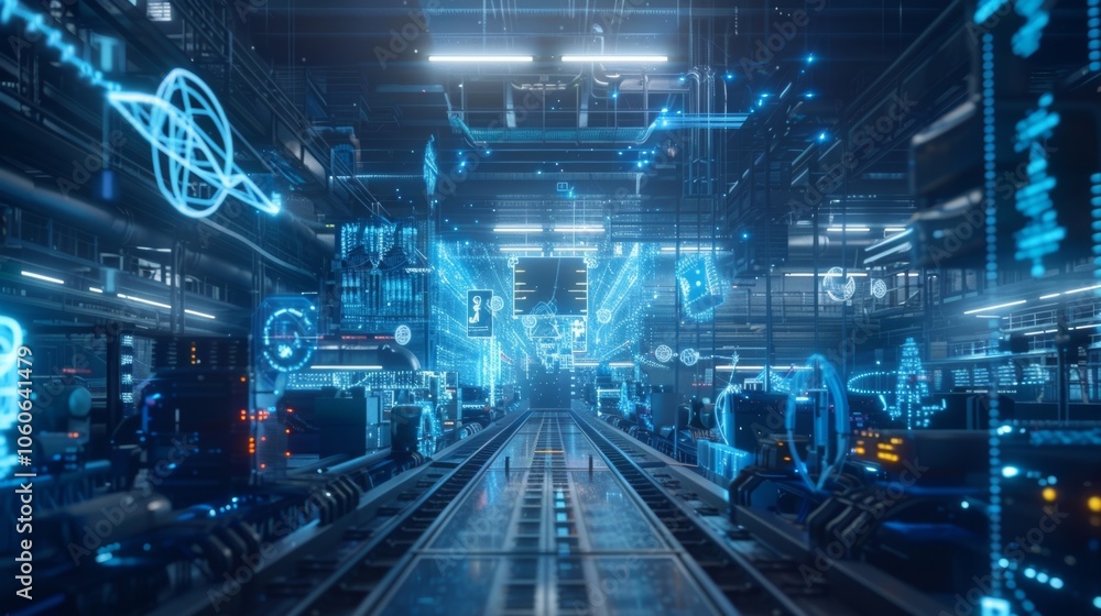 Poster futuristic industrial facility with holographic projections displaying data flow and complex product