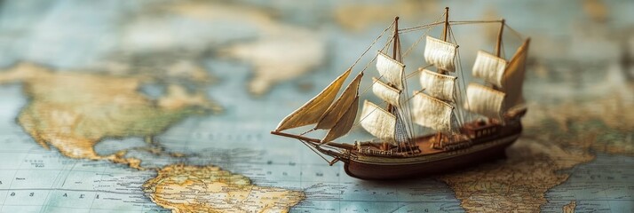 Miniature wooden sailing ship on an antique world map © Outkast