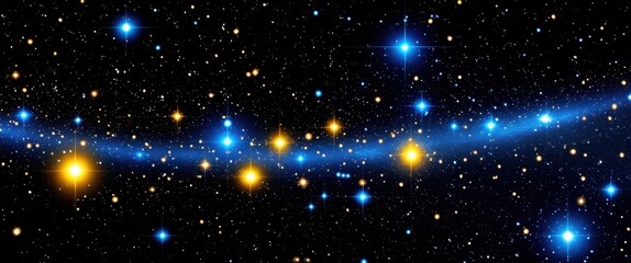 Obraz premium Deep space, twinkling stars, cosmic dust, blue nebula, golden celestial bodies, astronomical phenomenon, galactic cluster, starry night sky, vibrant cosmic colors, interstellar clouds, celestial light