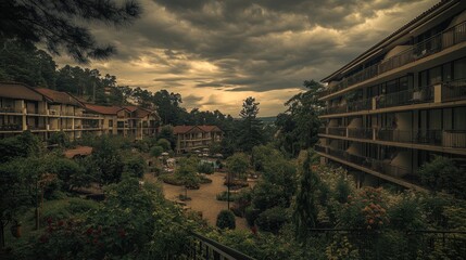 Obraz premium A serene view of a garden courtyard surrounded by buildings under a cloudy sky.