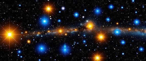 Obraz premium Deep space, twinkling stars, cosmic dust, blue nebula, golden celestial bodies, astronomical phenomenon, galactic cluster, starry night sky, vibrant cosmic colors, interstellar clouds, celestial light