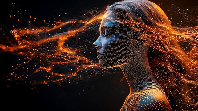 A futuristic stock photo featuring a virtual person, represented by a pixelated avatar, immersed in a simulated environment