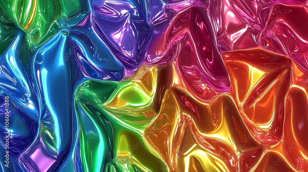 Poster reflective holographic texture with rainbow colors, shimmering and changing with soft curves, dynami