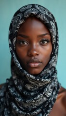 Portrait of Person in Stylish Black and White Paisley Headscarf.