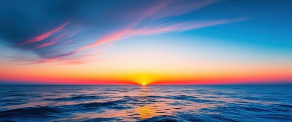 Obraz premium Serene ocean sunset, vibrant orange and blue horizon, smooth wave patterns, abstract seascape, long exposure photography, panoramic view, tranquil waters, ethereal atmosphere, minimalist composition, 