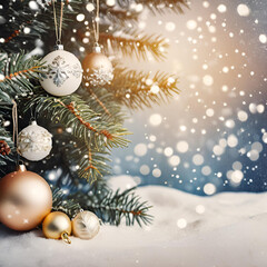 AI generated image of Christmas tree in snow with ornaments blue background