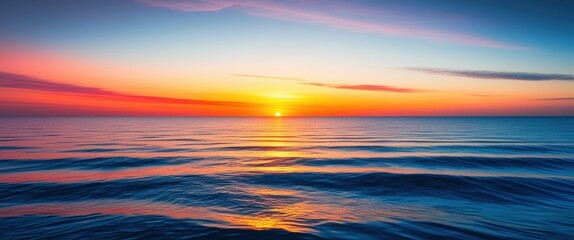 Serene ocean sunset, vibrant orange and blue horizon, smooth wave patterns, abstract seascape, long exposure photography, panoramic view, tranquil waters, ethereal atmosphere, minimalist composition, 